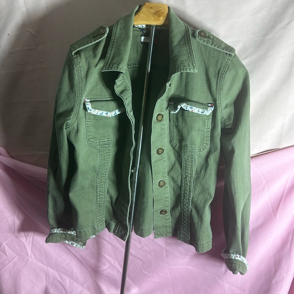 Tommy Hilfiger Green Denim Jean Jacket Women’s Trucker Utility Casual